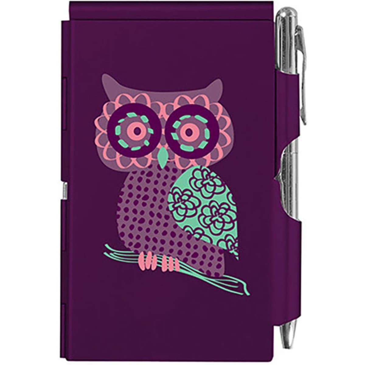 A purple notebook featuring a colourful owl design, complete with a pen attached to the side.