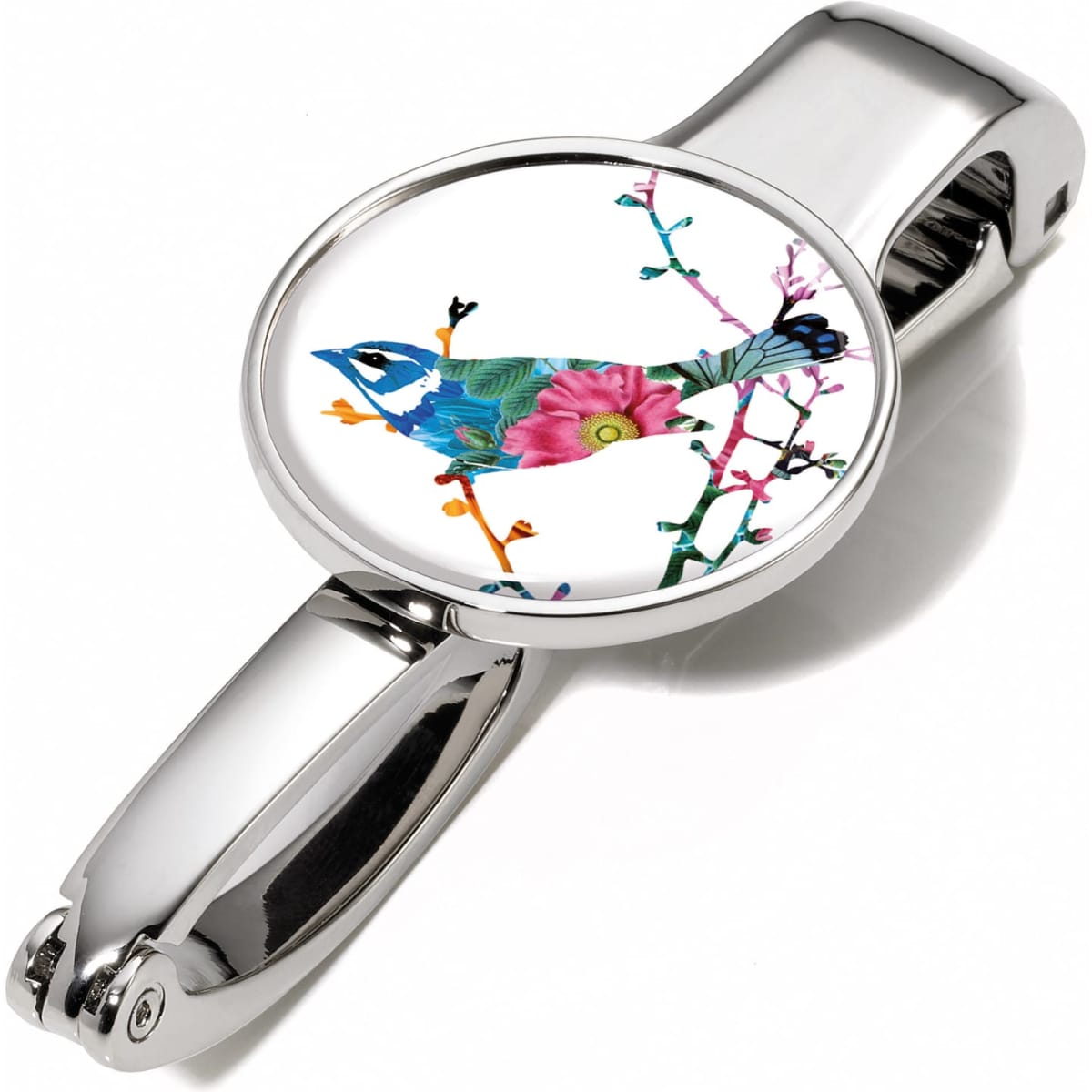 A drink bottle features a colourful bird design with floral elements, set against a shiny silver cap.