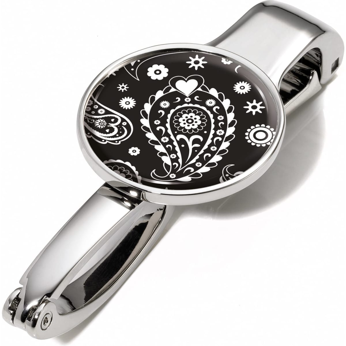 A drink bottle opener with a shiny metallic finish and a black and white paisley design.