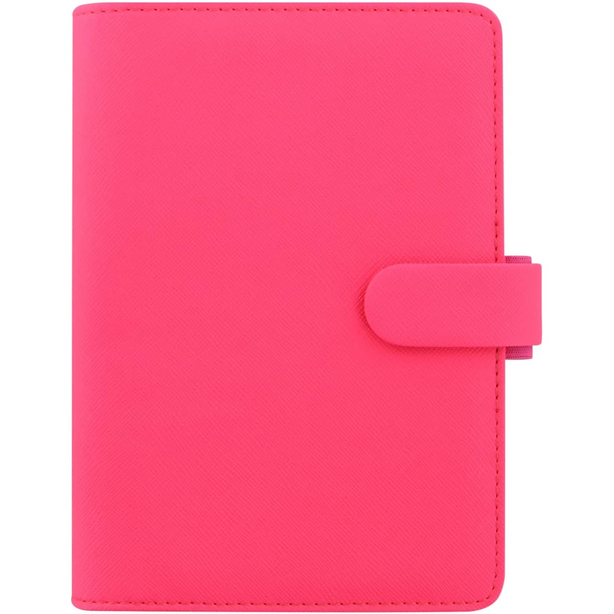 A pink organiser with a textured finish and a clasp closure, featuring a logo on the front.