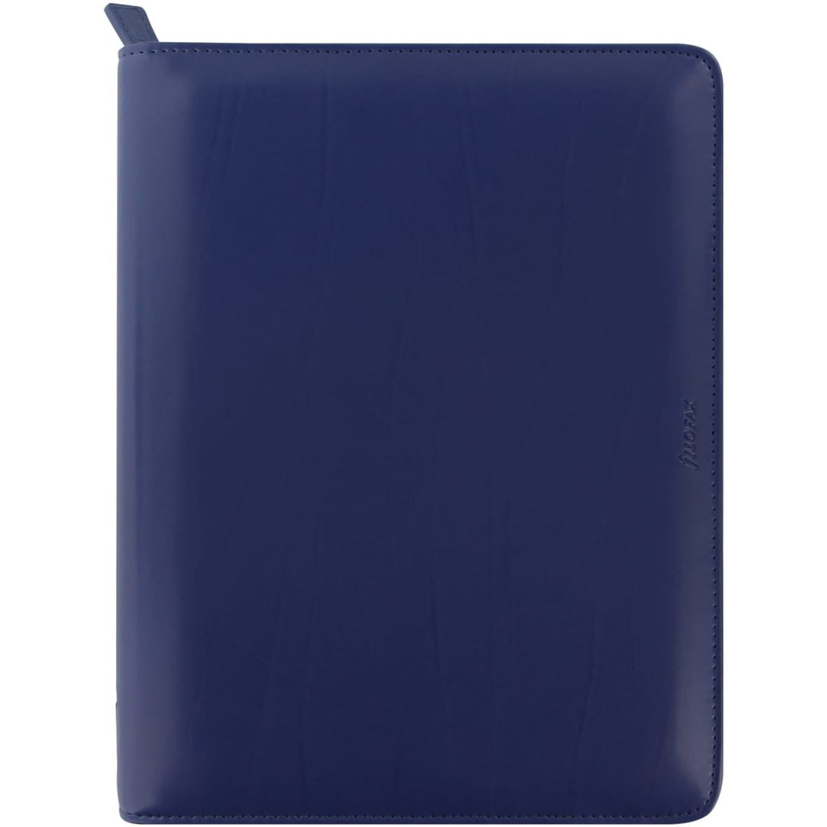 A navy zip A5 organiser with a smooth finish, featuring a logo on the front.