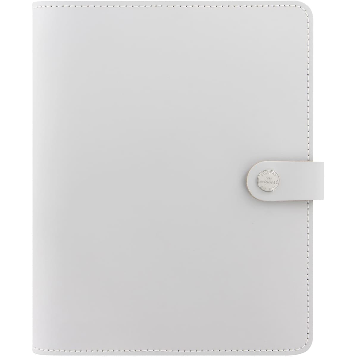 A grey stone leather A5 organiser with a button closure and a logo. Ideal for office and business use.