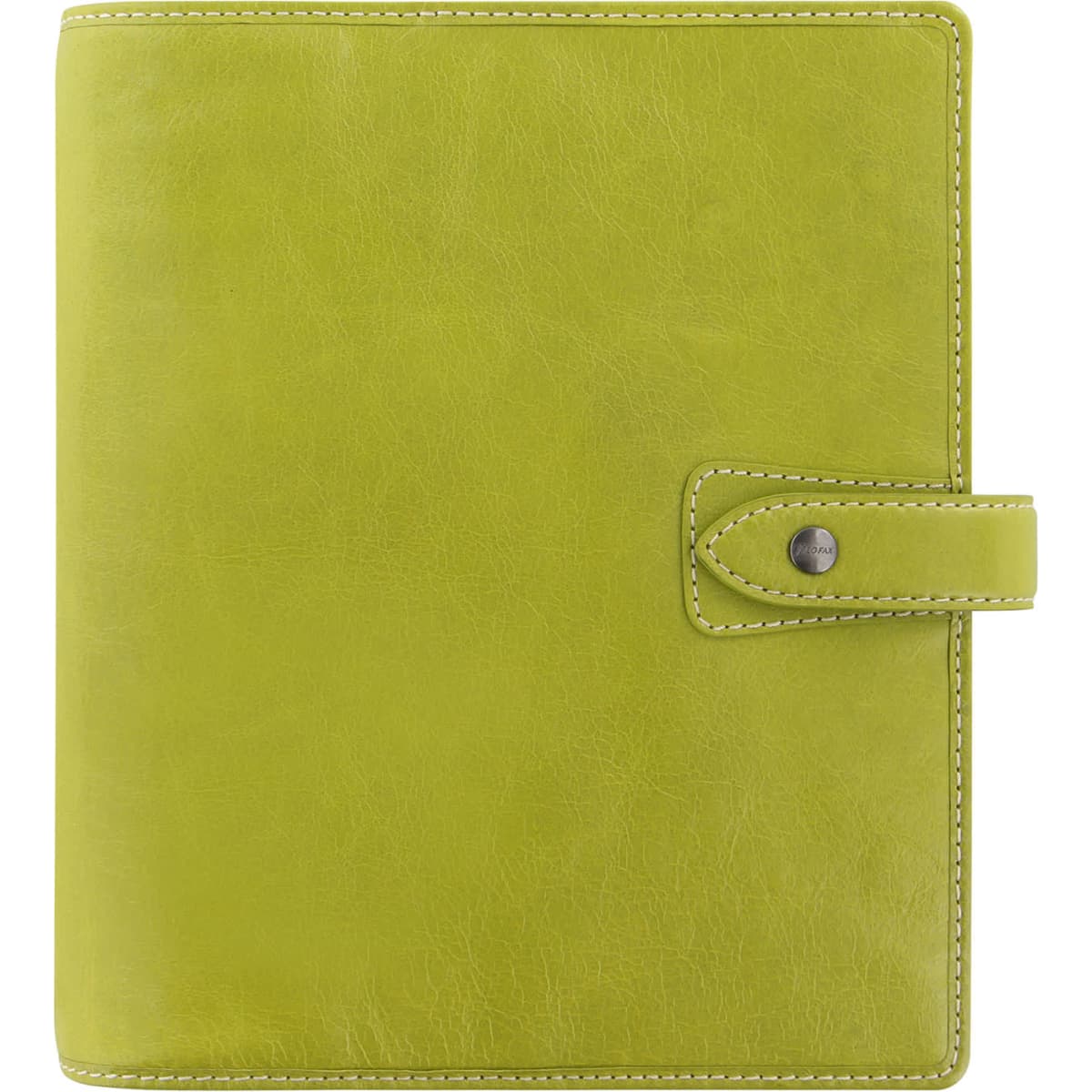 A pear leather A5 organiser in a vibrant green colour, featuring a snap closure and stitching details.