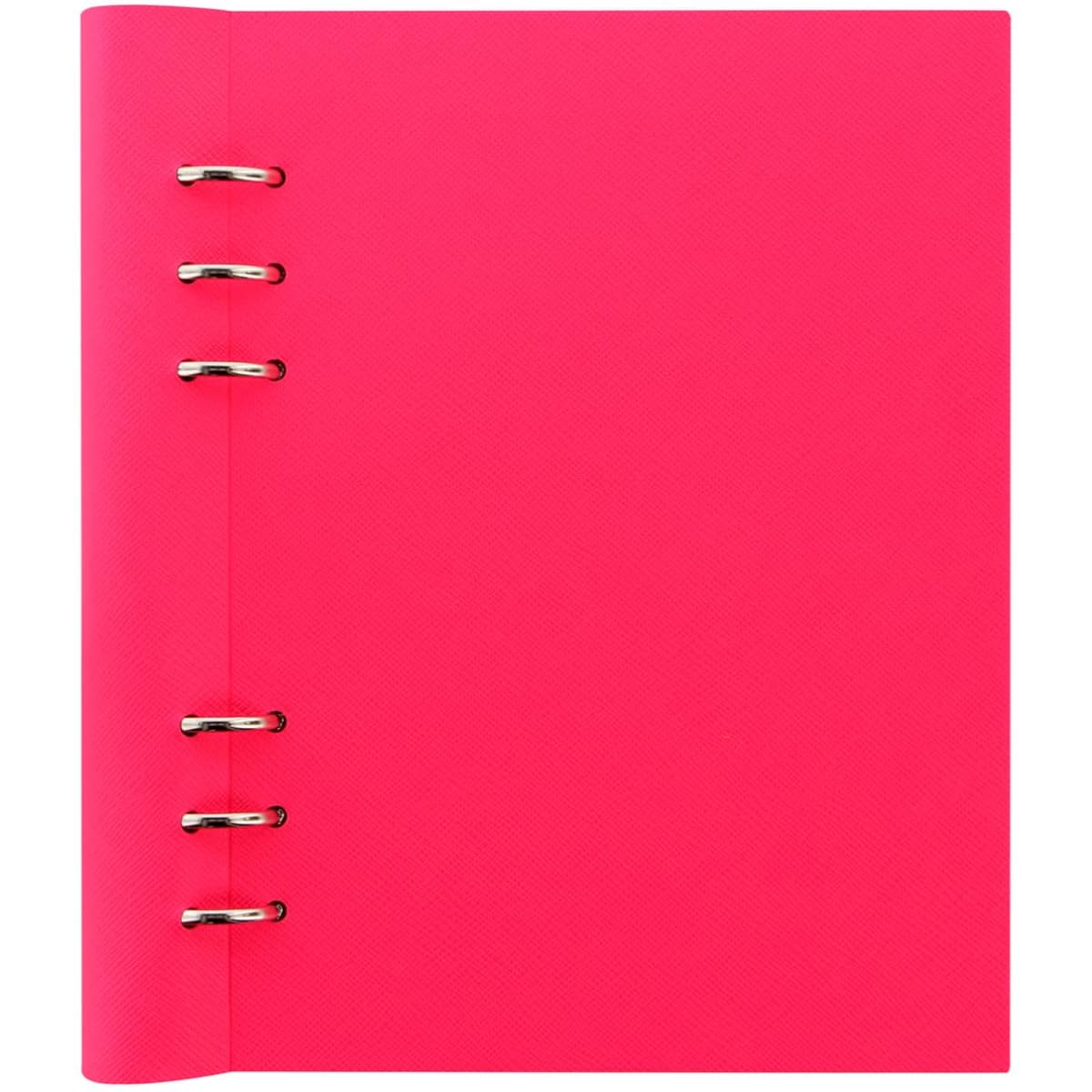 A pink A5 clipbook with a textured cover and silver metal rings for binding.