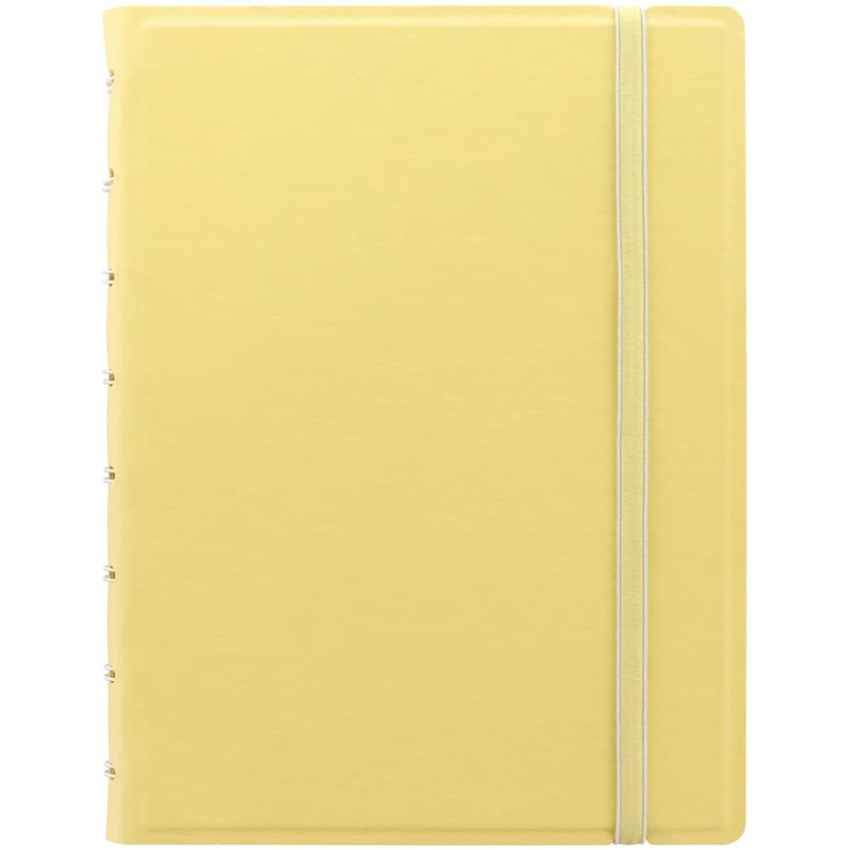 A lemon-coloured A5 notebook with a smooth finish and an elastic band closure. It features metal binders.