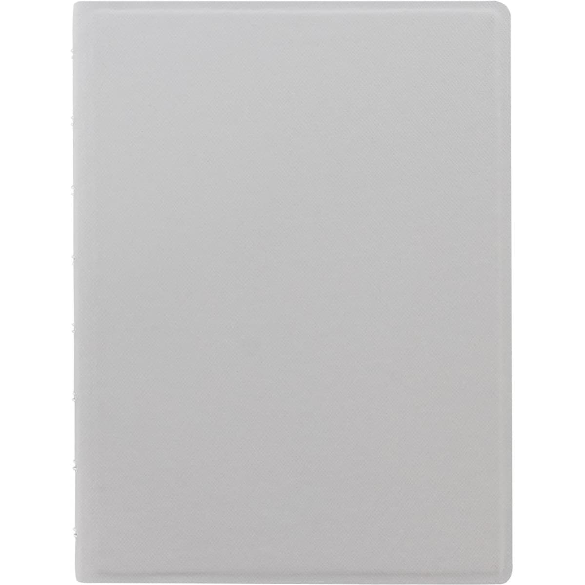 A grey A5 notebook with a textured cover, featuring yellow accents and a logo.