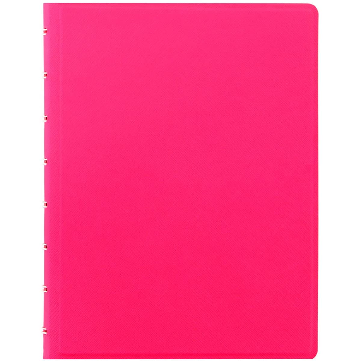 A pink A5 notebook with a textured cover and a side binding, featuring a logo on the front.