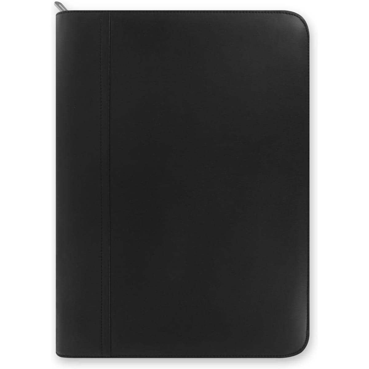 A black zip folio with a sleek design, suitable for A4 documents, featuring a smooth finish and a subtle logo.