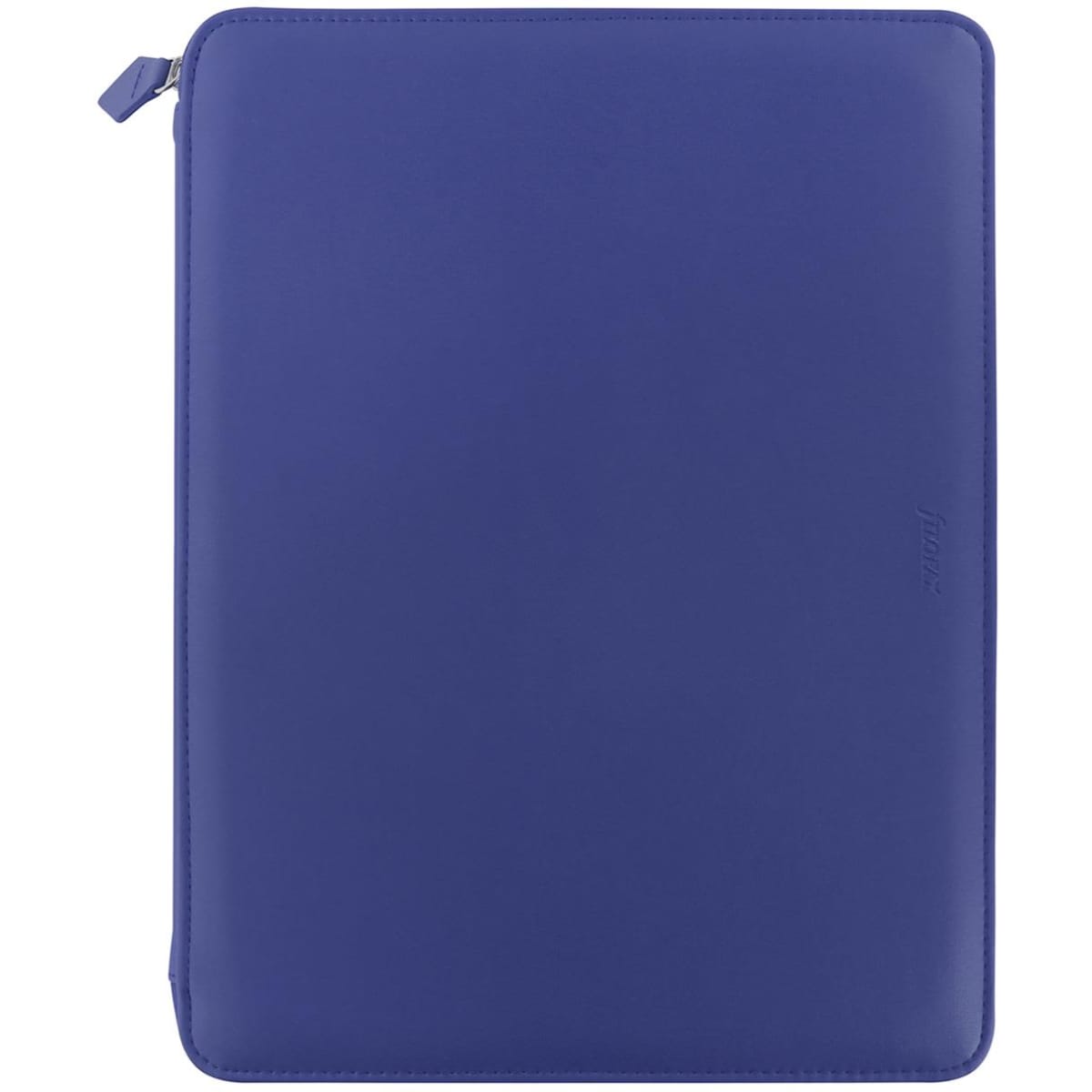 A navy zip folio with a smooth finish, featuring a branded logo on the front.