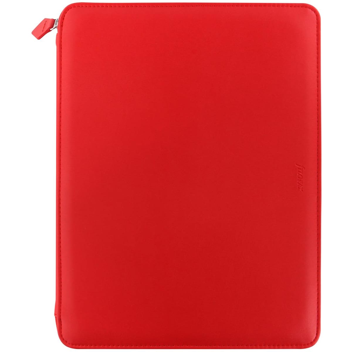 A red zippered folio designed for A4 documents, featuring a smooth finish and a discreet logo.