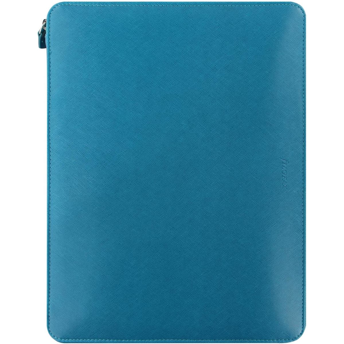 Aqua blue zippered folio with a textured finish, suitable for A4 documents, featuring a logo on the side.