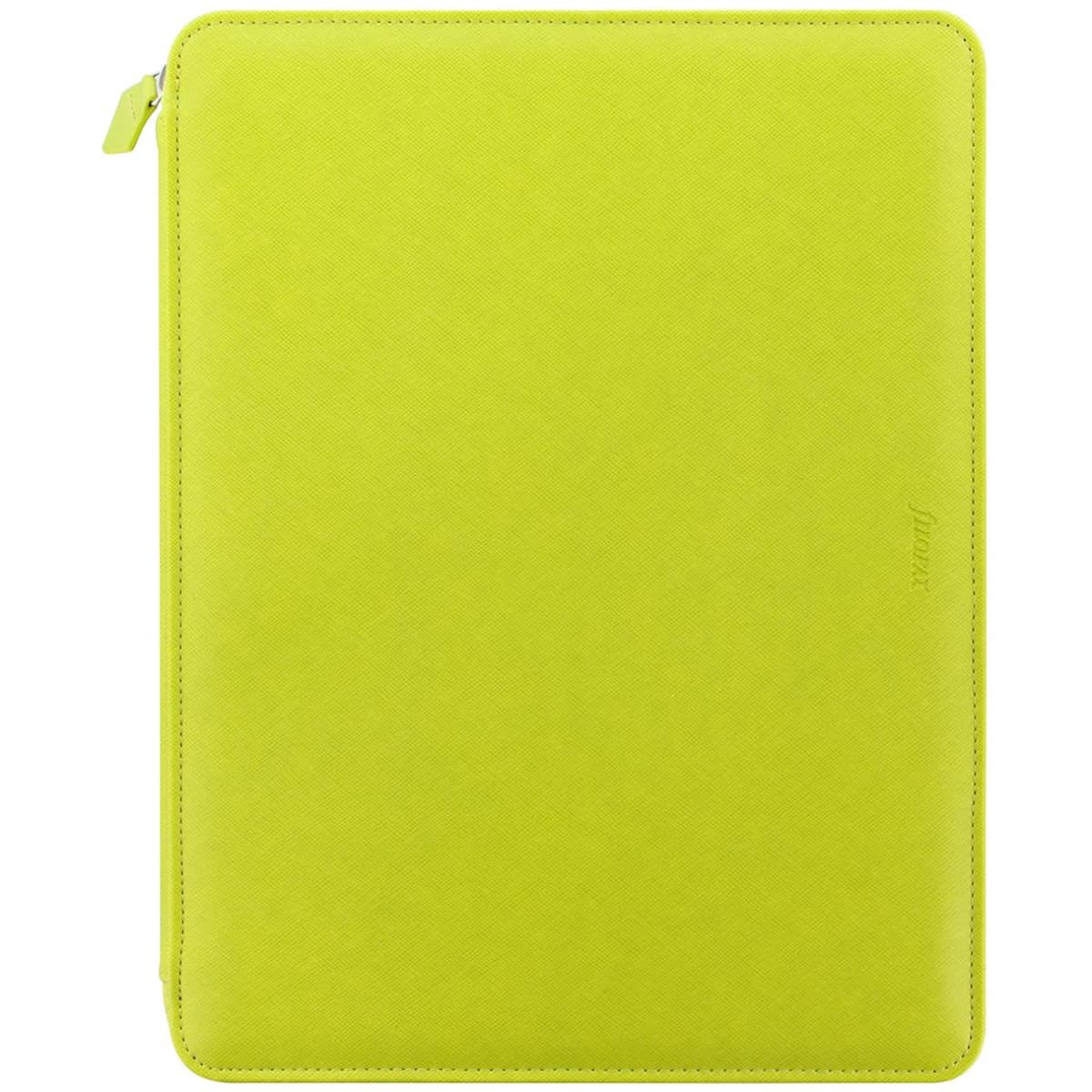 A green Saffiano zip A4 folio with a textured surface and a branding logo.