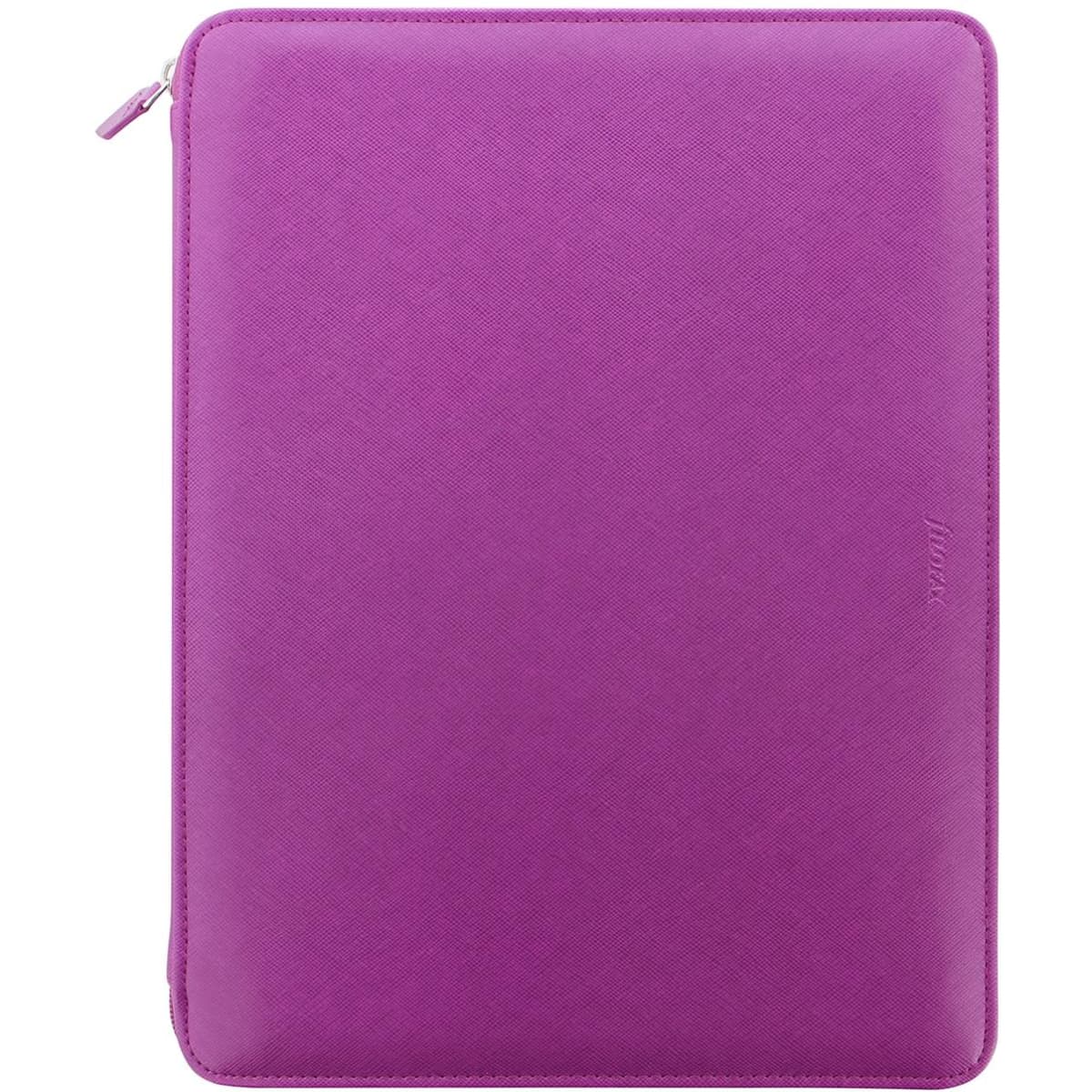 A raspberry-coloured folio with a zip closure, featuring a textured surface and a logo.