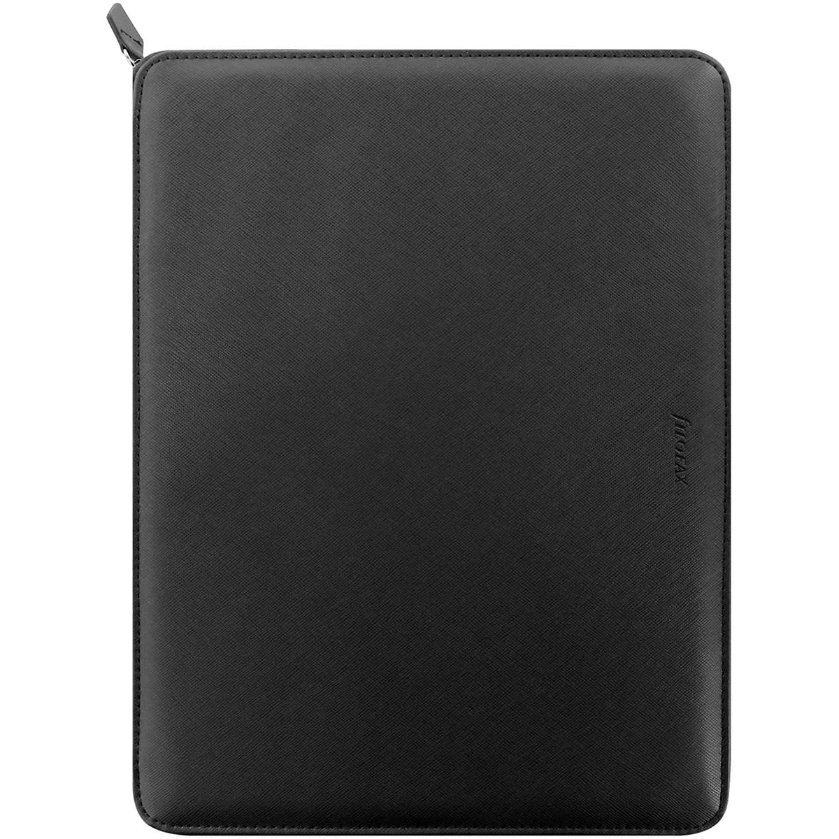 A sleek black A4 folio with a zip closure, featuring a textured finish and branding on the side.