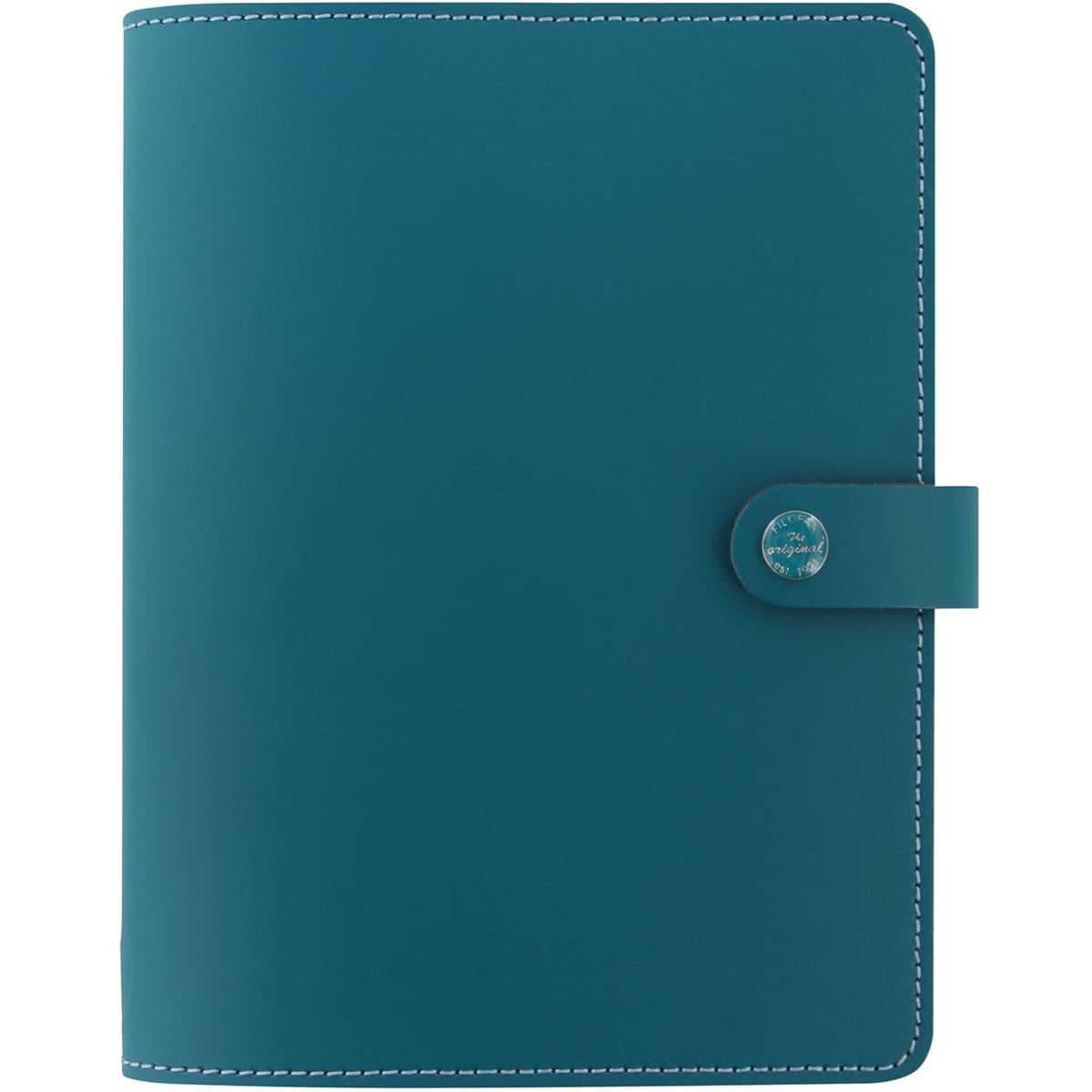 A dark aqua leather A5 notebook with a button closure and contrasting white stitching. Features a logo.