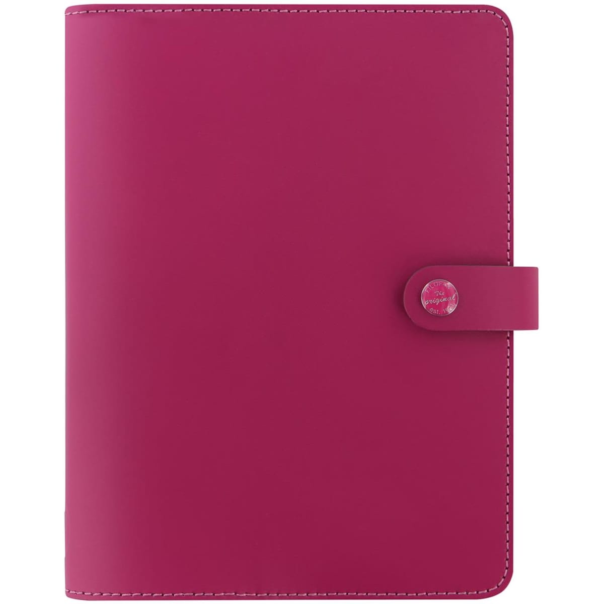 A raspberry leather A5 notebook with a button closure and a logo, featuring a smooth finish and white stitching.