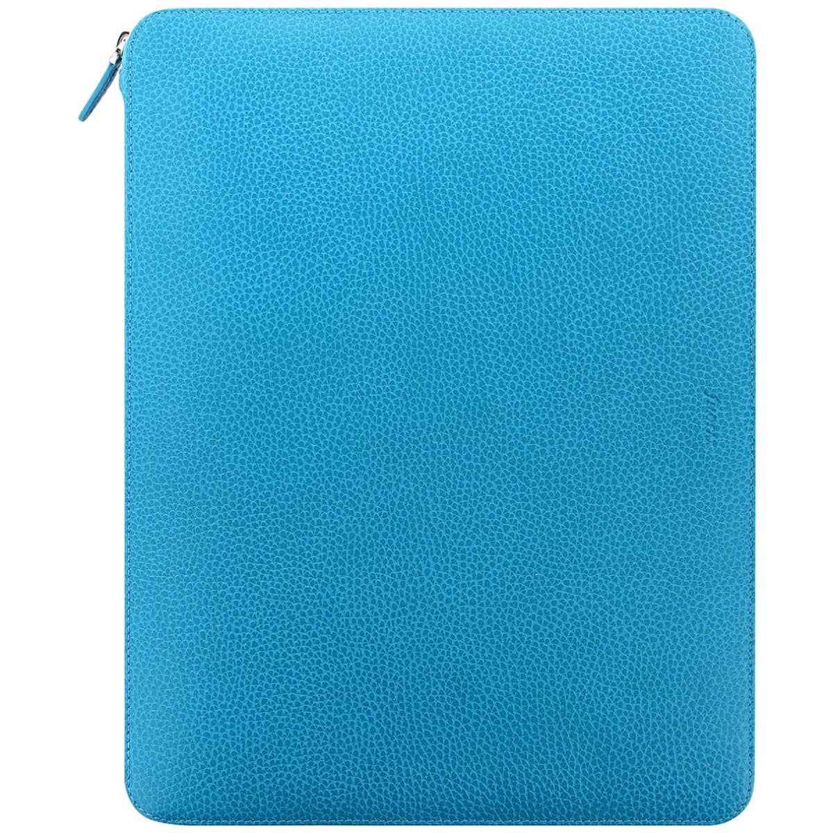 A zip-up A4 folio in aqua leather, featuring a textured surface and a branded logo.