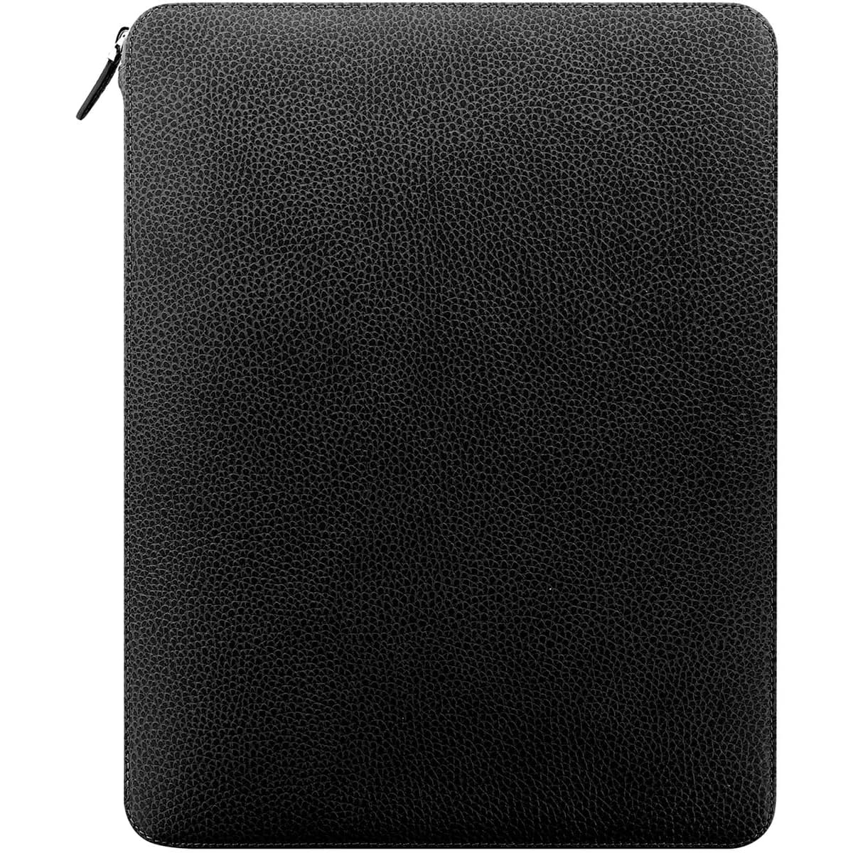A black leather zip folio featuring a textured surface and a subtle branding logo.