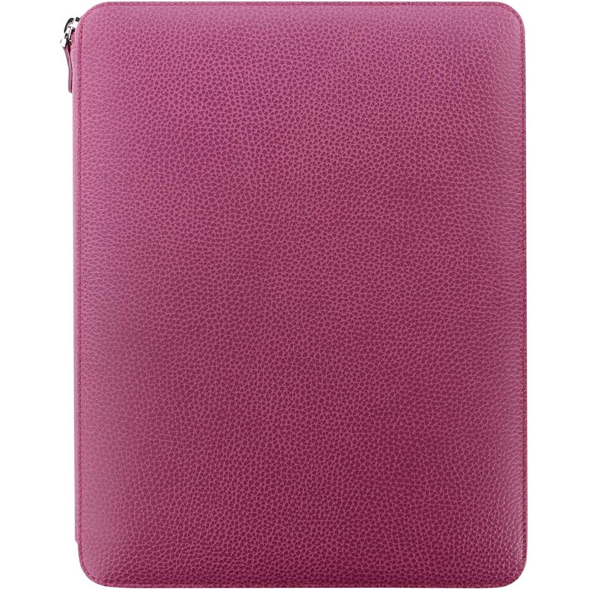 A raspberry leather A4 folio with a textured finish and a zip closure, featuring a logo.