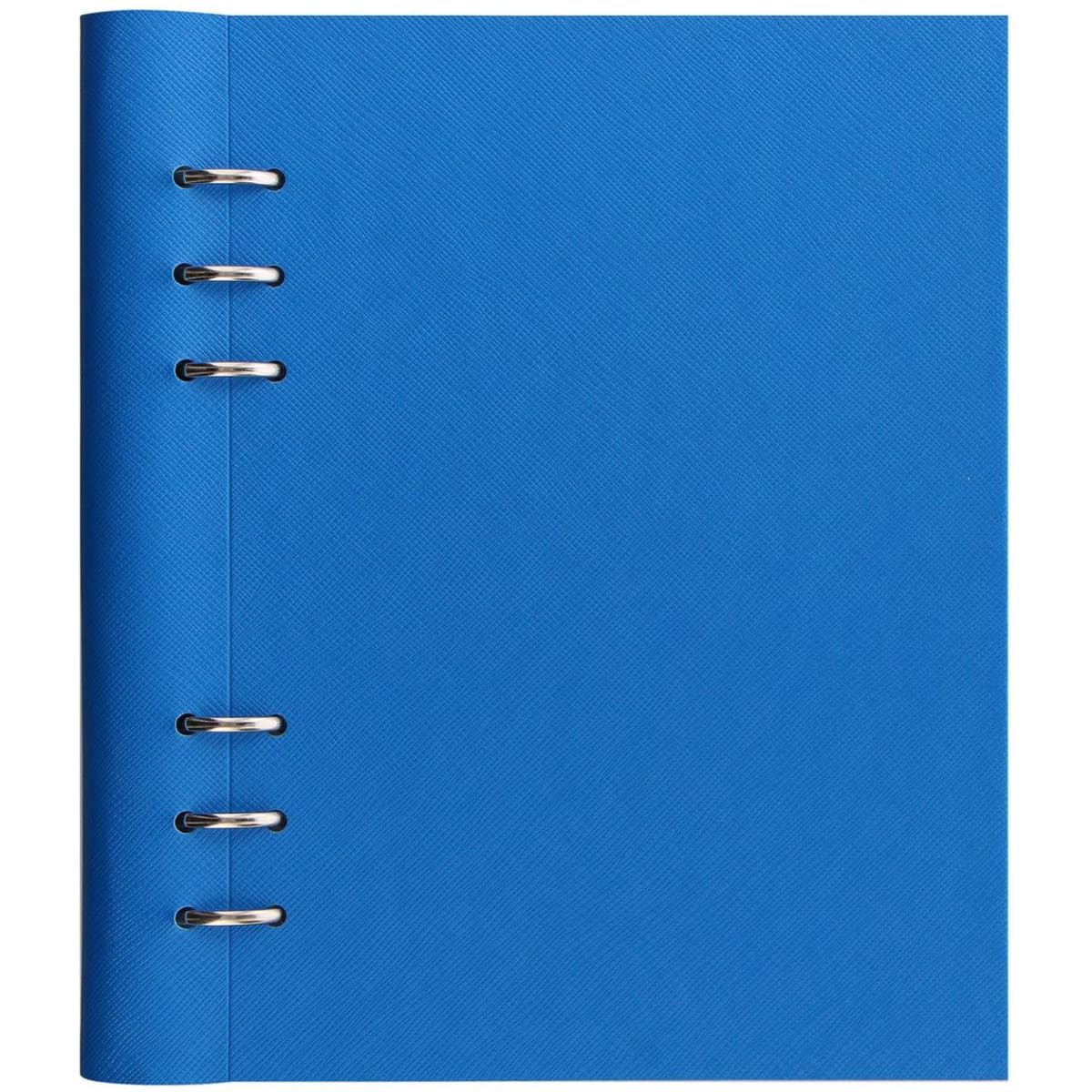 A blue A5 clipbook with a textured surface and four metal rings. It features a branding logo on the cover.