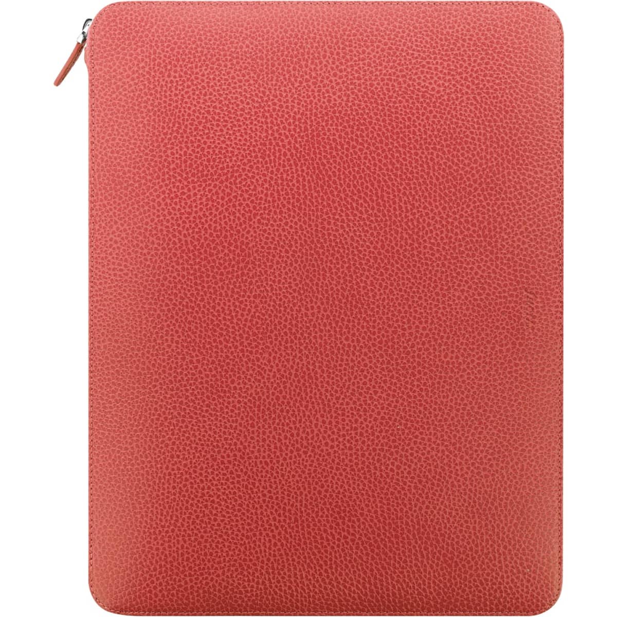 A coral leather A4 folio with a textured finish, featuring a zip closure and minimal design.