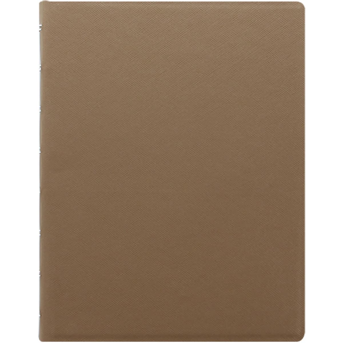 A fawn A5 notebook with a textured cover and a branding logo on the spine. Ideal for office use.