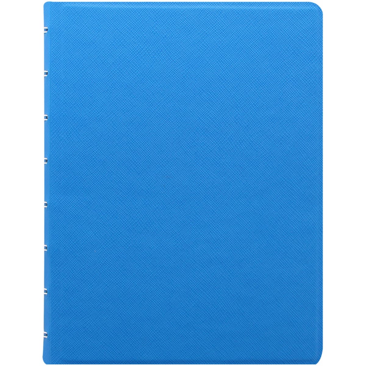 A blue A5 notebook with a textured cover and a logo on the front, featuring metal binding on the spine.