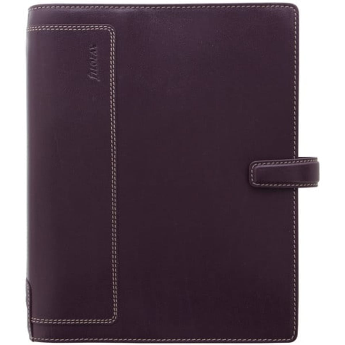 A purple leather organiser with a textured front and a snap closure, featuring a side pocket and branding.