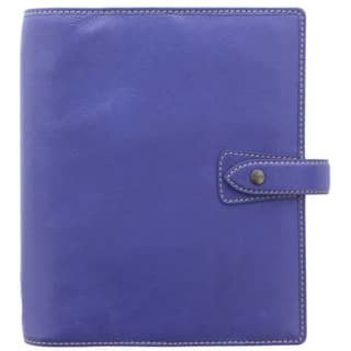 A A5 organiser in iris leather, featuring a button closure and contrasting stitching, with a logo on the front.
