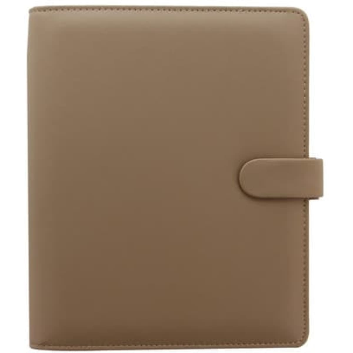 A spacious A5 organiser in fawn colour with a smooth finish and a secure clasp, featuring a logo.
