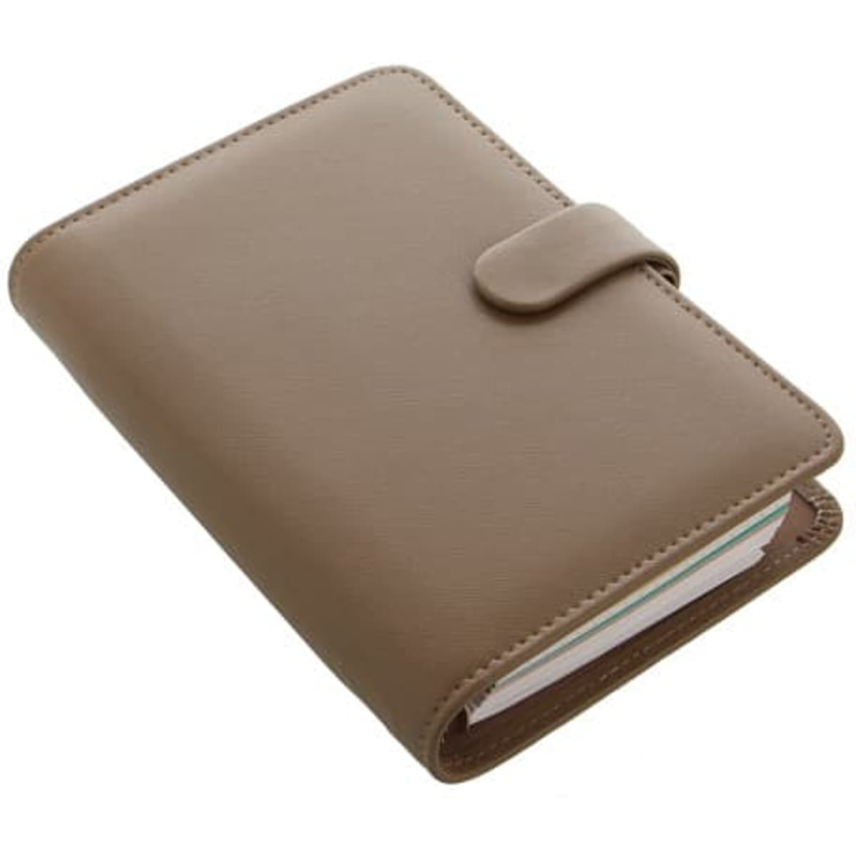A fawn-coloured organiser with a clasp, featuring various compartments for notes and cards. Includes branding.