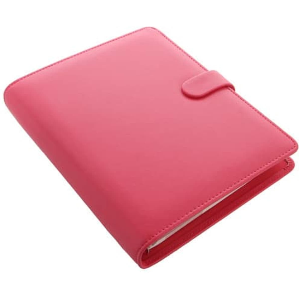 A pink A5 organiser with a smooth finish and a clasp closure, featuring a branding logo.