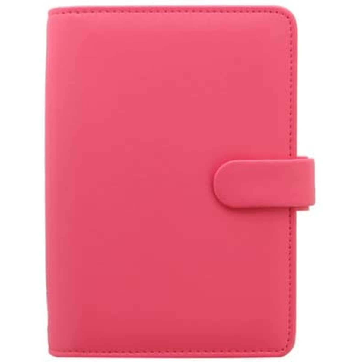 A pink organiser with a smooth finish and a clasp closure, featuring a branding logo on the front.