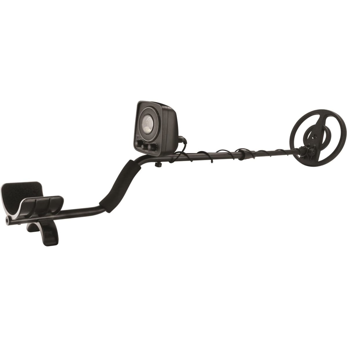 A black metal detector with a curved handle and a circular search coil. It includes a control box and arm support.