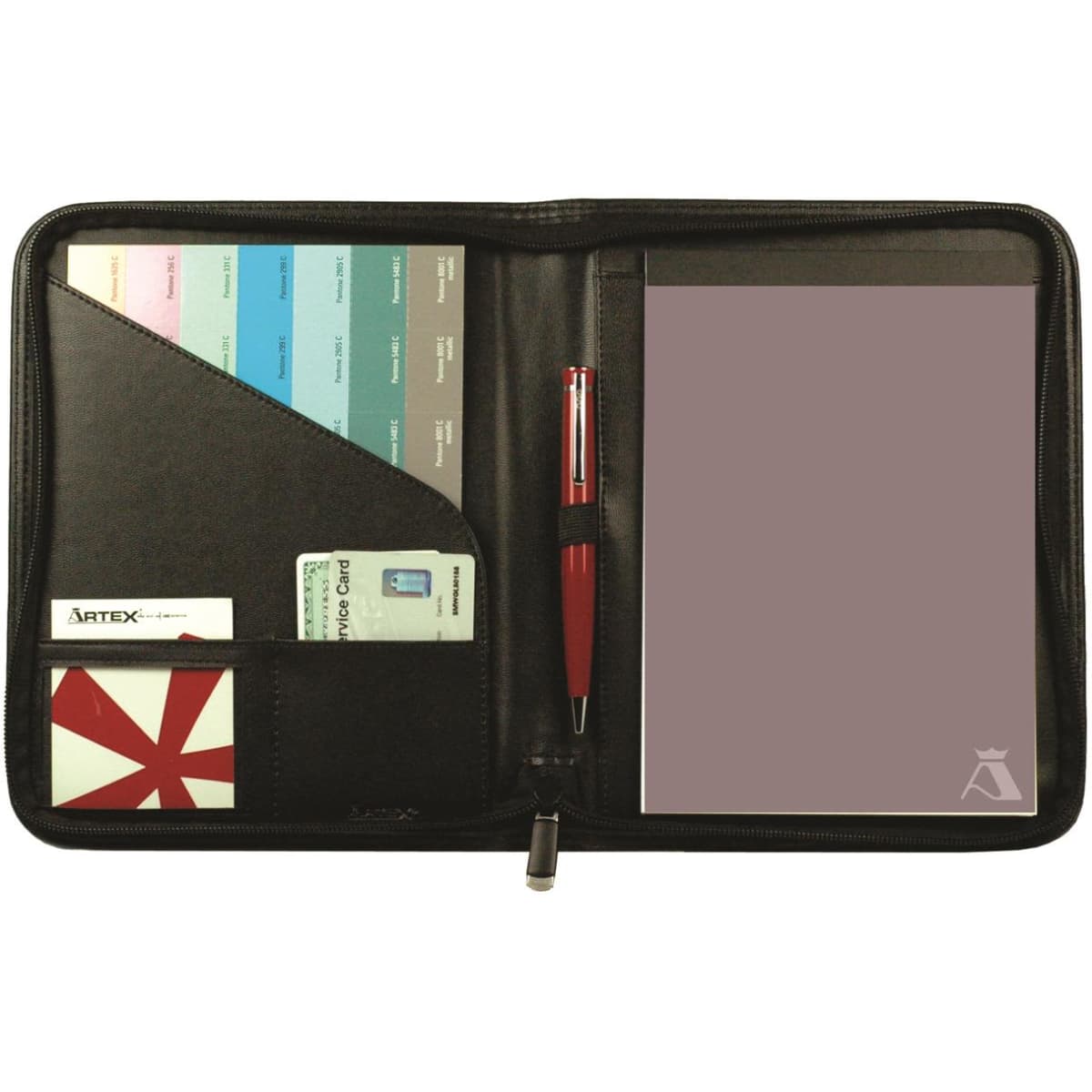A black A5 manager folio features pockets for cards, a pad of paper, and a pen. It includes an internal logo.