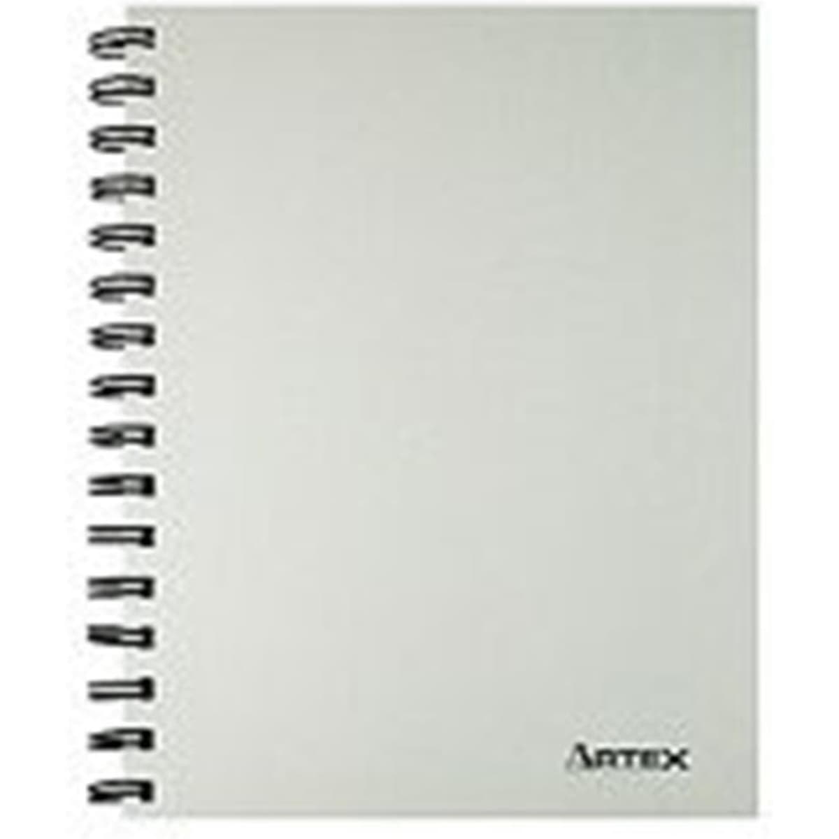 A spiral-bound A5 notebook in a light grey colour, featuring a logo at the bottom.