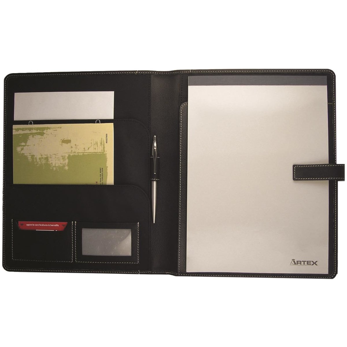 A black compendium featuring pockets, a notepad, and a pen, with white stitching and branding.