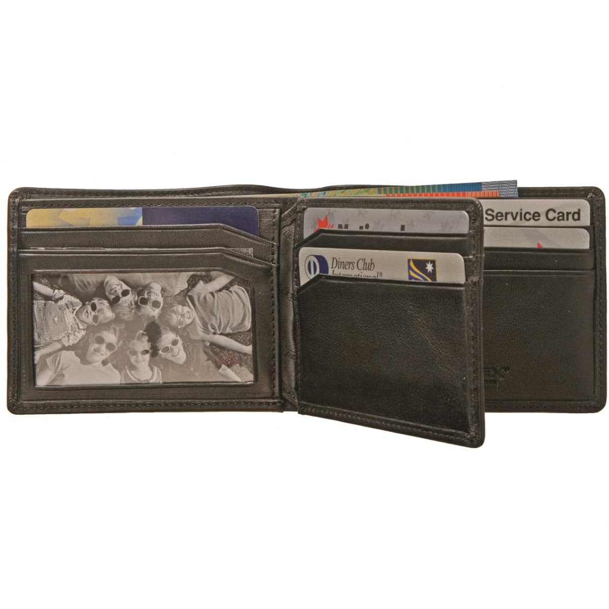 A black wallet displayed open, featuring card slots and a photo section inside. The wallet has a subtle branding logo.