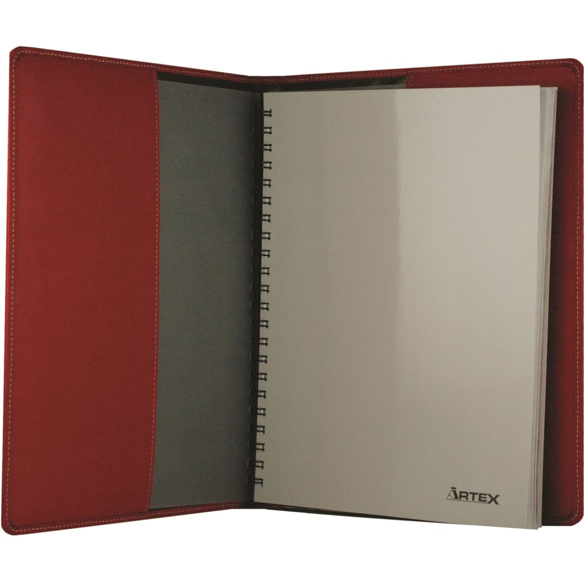 A red and grey A4 journal with a spiral binding and blank pages, featuring an Artex logo on the inner cover.
