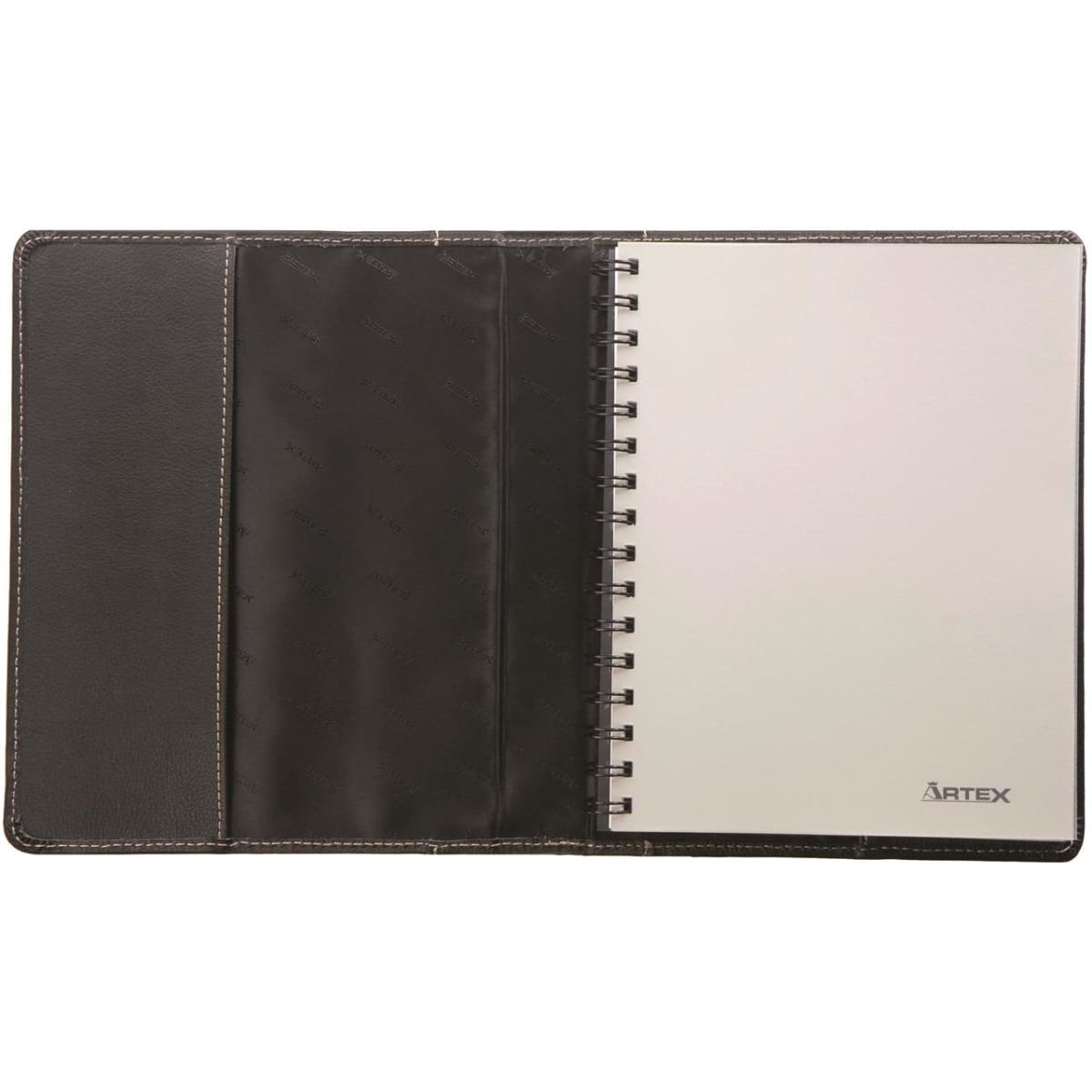 A black A5 journal featuring a spiral binding, with a textured cover and blank interior pages. It has a logo.