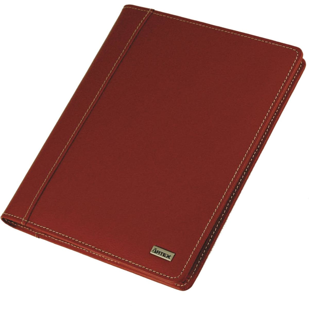 A maroon A5 journal with a textured cover, featuring stitching details and a brand logo.