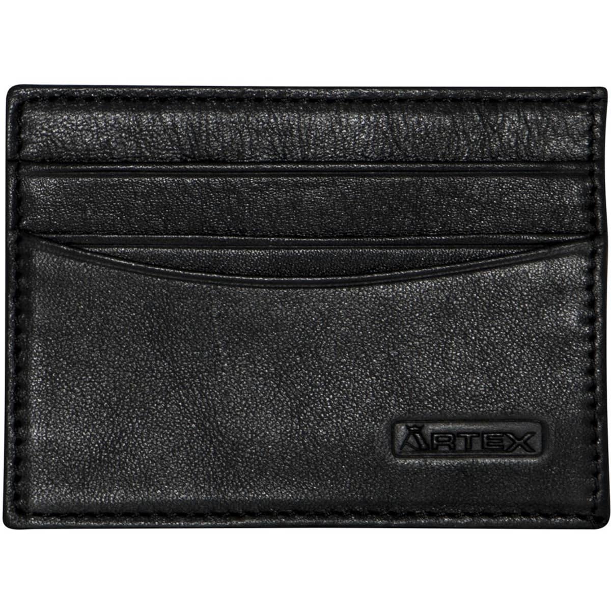 A black business card holder with multiple card slots and a logo.