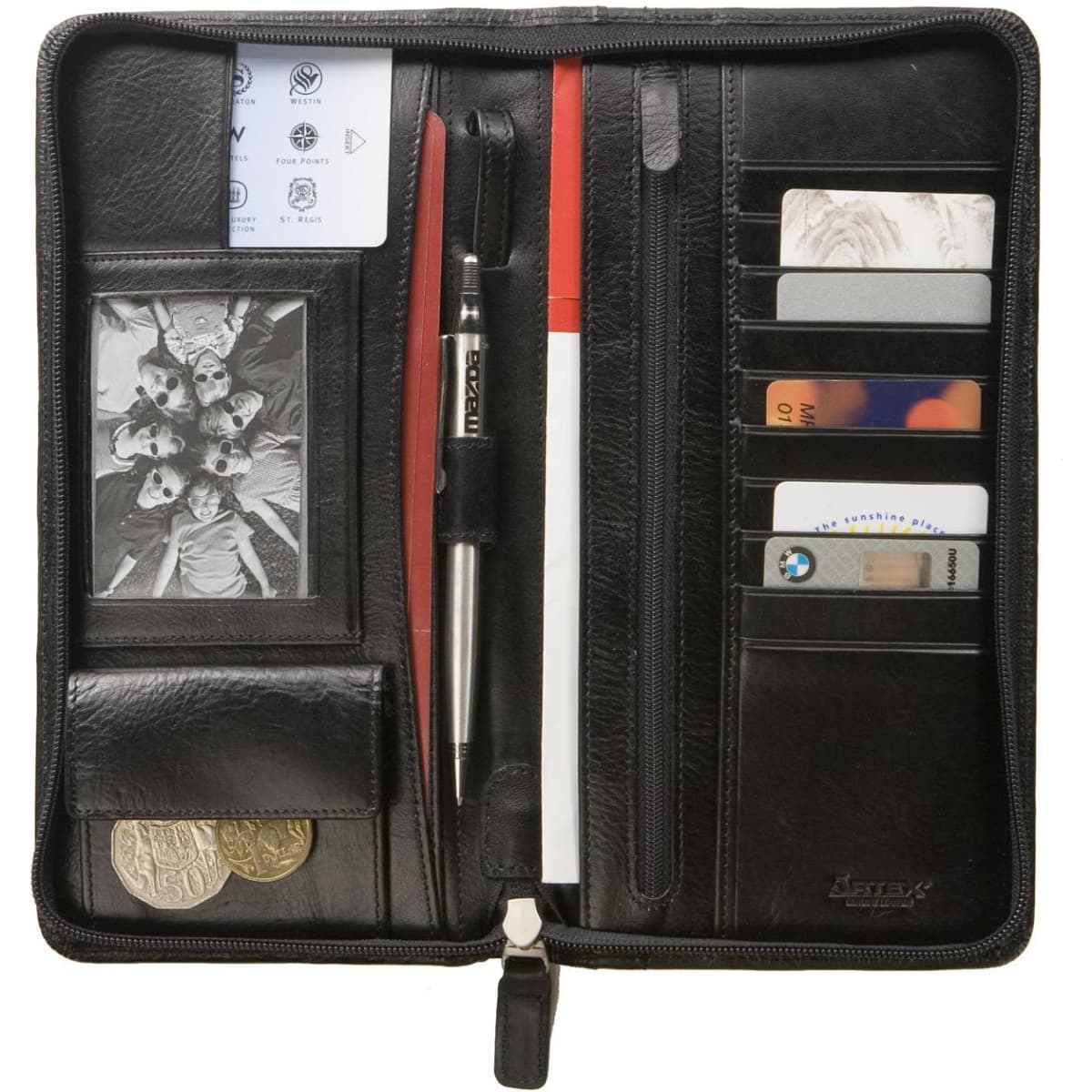 A black organiser featuring card slots, a pen, a zipper pocket, and a section for notes or documents.