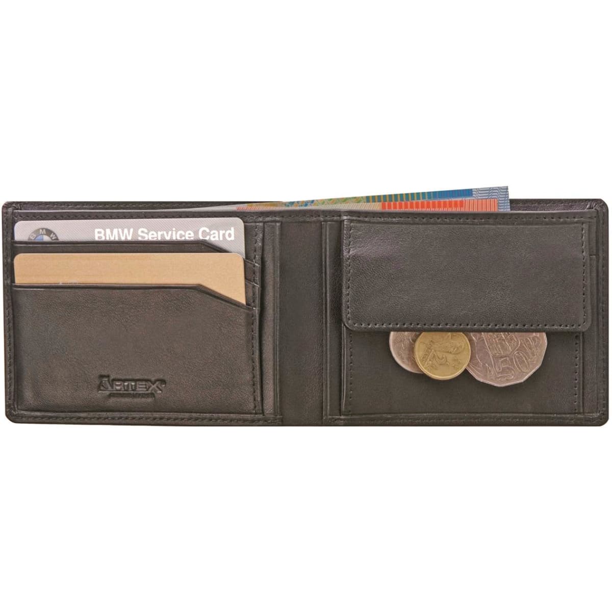 A black wallet featuring multiple card slots and a coin pocket, with a logo present on the exterior.