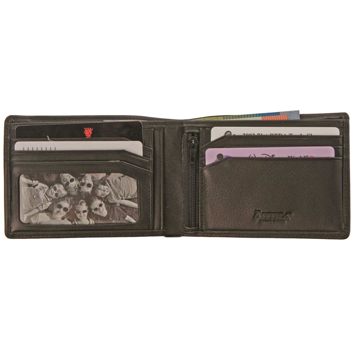 A black minimalist wallet featuring multiple card slots and a zipped pocket inside.