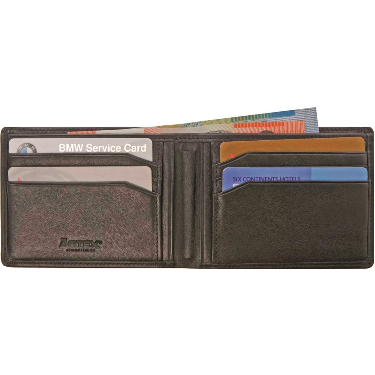 A black wallet with multiple card slots and compartments for banknotes, featuring a branding logo.