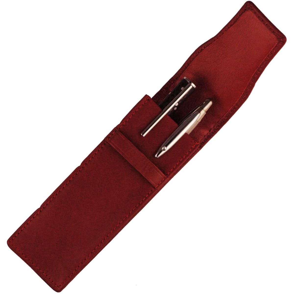 A red leather pen holder containing two silver pens, featuring a sleek, elongated design and a branding logo.