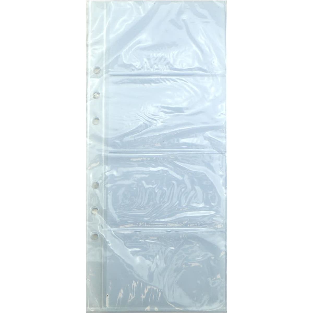 A transparent plastic holder with multiple pockets for business cards, featuring a circular hole design along the edge.
