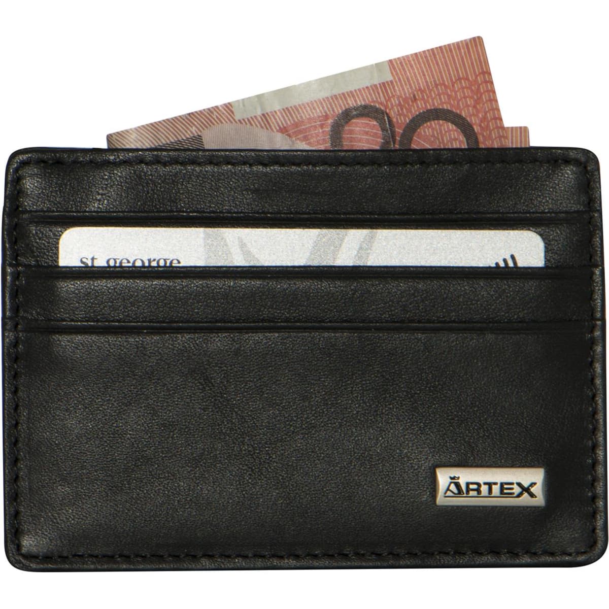 A black business card holder with multiple slots and a logo, featuring a banknote partially inserted.