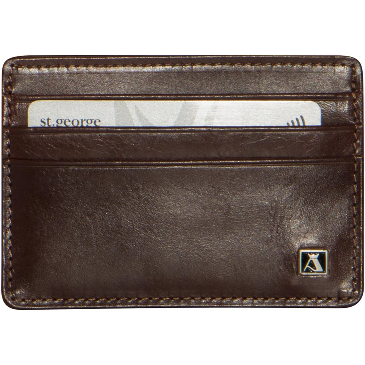 A brown business card holder featuring multiple card slots and a small logo on the lower corner.